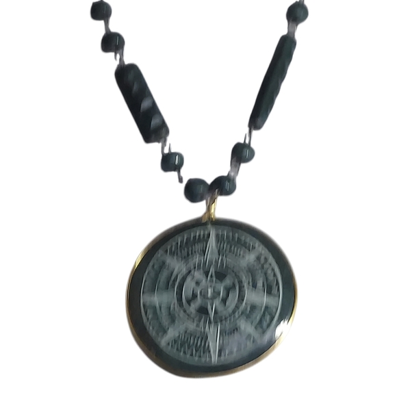 Mayan Sundial Green Dyed Alabaster Medallion Sculpted bars and round beads - Picture 12 of 15